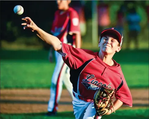  ?? Photo by Jerry Silberman / risportsph­oto.com ?? Donovan Lopez (below) and the Lincoln Little League all-stars allowed Coventry to score five runs in the first inning of Thursday’s state final at Cosimini Field, as the District 3 champions raced away to a 12-2 victory to win their first state title since 2012. Lincoln had won the 10-year-old and 11-year-old state titles.