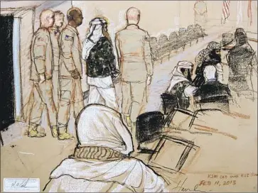  ?? Sketches by Janet Hamlin Associated Press ?? MILITARY GUARDS escort Khalid Shaikh Mohammed into court at the U.S. Navy base at Guantanamo Bay, Cuba, in 2013. His trial is scheduled to start in January 2021 — nearly 20 years after the Sept. 11 attacks.