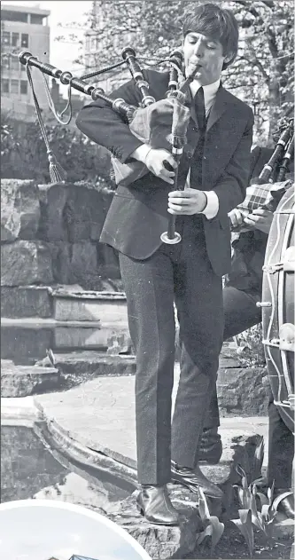  ??  ?? Paul, John, Ringo and George on bagpipes and marching drum on April 29, 1964 ahead of gigs that night at the ABC in Edinburgh; below, the Fab Four’s last concert on roof of Apple HQ in London on January 30, 1969