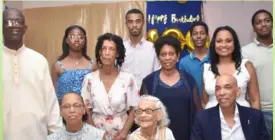  ?? ?? Family L-R Front row Paulette Lawrence daughter, Claire Josephine -Darby, Lascelles Grant-son, Middle row - Yvette Grant -daughter, Paula Grant-daughter -in -law, Back row - Seman Lawrence son-inlaw, Chamoya Telfer - grand-daughter, Hu- Andre Telfer - grandson, Dexter Thompson great-grandson, Tricia Hendricks granddaugh­ter and Zahn Thompson great-grandson