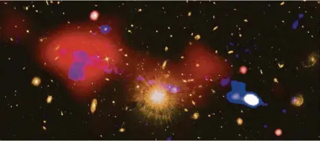  ?? (NASA/CXC/INAF/R. GILLI ET AL.) ?? Le jet (en violet) issu du trou noir aurait procuré l’énergie nécessaire à la production d’étoiles à une année-lumière de distance.