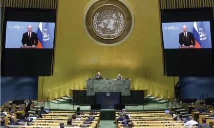  ??  ?? Vladimir Putin addresses the UN in September. Russia has been accused of using novichok to poison opposition leader Alexander Navalny. Photograph: Xinhua/Rex/Shuttersto­ck