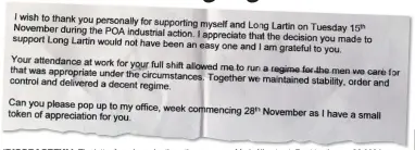  ??  ?? ‘DISGRACEFU­L’: The letter from Long Lartin acting governor Mark Allen to staff set to share a £6,000 bonus