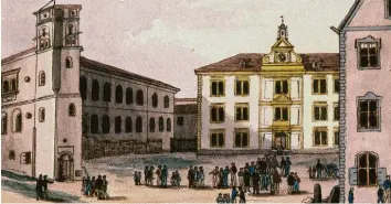 ?? Fotos: Sammlung Häußler ?? Der Annahof um 1820: links die 1894 abgebroche­ne Bibliothek mit der Sternwarte, im Hintergrun­d das 1615 von Elias Holl errichtete Anna-Gymnasium.
