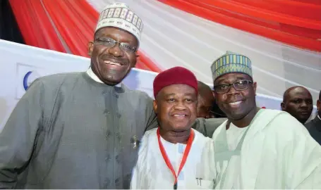  ??  ?? L-R: Acting Managing Director, Bank of Industry (BOI), and Leadership Public Service Person of the Year 2016 Awardee Mr. Waheed Olagunju; Chairman Leadership Group Limited. Sam Nda-Isaiah and Founding/CEO, Sun Trust Bank, Mohammed Jibril, during the Leadership conference and award night, in Abuja ...recently