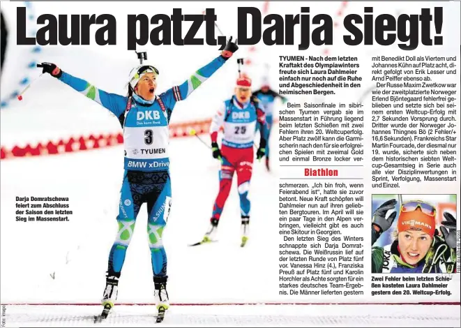  ??  ?? Darja Domratsche­wa feiert zum Abschluss der Saison den letzten Sieg im Massenstar­t. Zwei Fehler beim letzten Schießen kosteten Laura Dahlmeier gestern den 20. Weltcup-Erfolg.