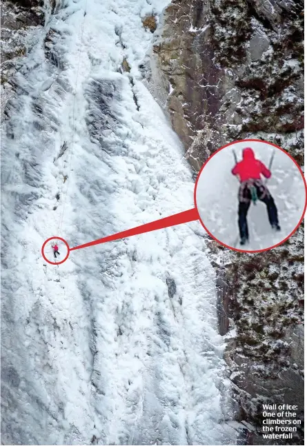  ??  ?? Wall of ice: One of the climbers on the frozen waterfall