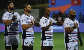  ?? Photograph: Martin Dokoupil/World Rugby/Getty ?? Greg Peterson, Cam Dolan, Marcel Brache and Paul Lasike of the US Eagles sing their anthem before facing Hong Kong in Dubai.