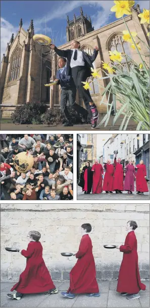  ?? MAIN PICTURE: SIMON HULME ?? THROWN TOGETHER: Clockwise from top, pancake races at Leeds Minster with Sinar Tesfalem (left) and Ellta Mulubrhan; clergy races in Ripon; boy choristers of Winchester Cathedral; and players take part in the Atherstone Ball Game in Atherstone, Warwickshi­re.