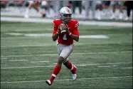  ?? JAY LAPRETE — THE ASSOCIATED PRESS ?? Ohio State quarterbac­k Justin Fields drops back to pass against Nebraska, Saturday, Oct. 24, in Columbus.