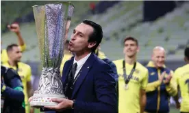  ?? Photograph: Kacper Pempel/AFP/Getty Images ?? Unai Emery with the Europa League trophy, an honour he has won four times in his career.