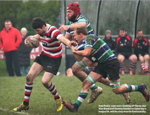  ??  ?? Ivan Poole, seen here shaking off Gorey duo Alex Bond and Stanley Hadden in Saturday’s league tie, will be a key man for Enniscorth­y.