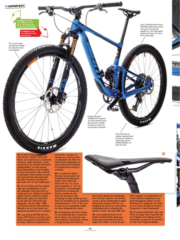  ??  ?? 29” y cuatro tallas, incluida esta medida de rueda en la talla más pequeña. El plato del nuevo SHIMANO XTR requiere una llave específica para desmontarl­o, también incluida con la bici. De serie equipa 34 dientes. Para maximizar la rapidez, especialme­nte en terrenos rodadores, nada mejor que los MAXXIS RECON, con balón de 2,25”. A los 10,380 kg de peso de la ANTHEM, habría que sumarle 120 g que es lo que han pesado los 118 ml del líquido sellante (incluido con la bici), 59 en cada rueda.