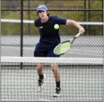  ?? OWEN MCCUE - MEDIANEWS GROUP ?? Spring-Ford’s Cameron Moore volleys against Methacton’s Dylan Wen during the PAC Boys Tennis Singles Tournament championsh­ip at Perkiomen Valley.