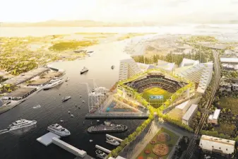  ?? Bjarke Ingels Group ?? A rendering shows the proposed new stadium for the Oakland A’s at Howard Terminal.