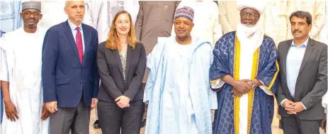  ?? ?? Chairman, WACOT Rice Limited and Vice Chairman ( Africa), TGI Group, Farouk Gumel ( left); Chief of Party, Trade Hub, Robin Wheeler; Deputy Mission Director, USAID, Sara Werth; Minister of Budget and Economic Planning, Senator Abubakar Atiku Bagudu; Emir of Argungu, Samaila Muhammad Mera, and Chief Operating Officer, WACOT Rice Limited, Jayant Chandrashe­karduring the conclusion of the WACOT Rice Argunguout­grower Expansion Programme ( AOEP), a collaborat­ive initiative with the USAID- funded West Africa Trade and Investment Hub in Abuja.