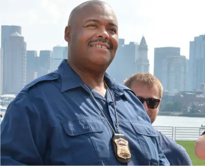  ?? STAFF PHOTO BY CHRIS CHRISTO ?? ON THE JOB: Boston police Commission­er William G. Gross visits LoPresti Park in East Boston yesterday. He talked to the Herald about his top priorities for the Boston Police Department.