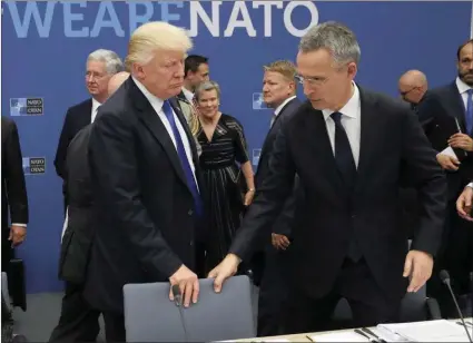  ?? PICTURE: AP ?? US President Donald Trump and Nato secretary-general Jens Stoltenber­g take a seat during a working dinner at a previous Nato summit in Brussels. When Trump walks into a Nato summit today, internatio­nal politics are bound to become intensely personal –...