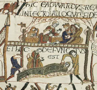  ??  ?? Fatal consequenc­es 'dYCrd’U dGCVJ iU dGRiEVGd QP VJG Bayeux Tapestry. On his demise in 1066, the Confessor was overlord of Britain, and poets were hailing him as righteous and skilful in counsel