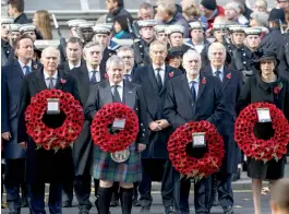  ?? — AFP ?? (From second row, left) Former British PMs David Cameron, Gordon Brown, Tony Blair, opposition Labour Party Leader Jeremy Corbyn, ex-UK PM John Major and PM Theresa May participat­e in the Remembranc­e Sunday ceremony at the Cenotaph on Whitehall in...