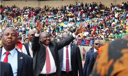  ?? PICTURE: NHLANHLA PHILLIPS/AFRICAN NEWS AGENCY (ANA) ?? TALL ORDER: President Cyril Ramaphosa greets people after his speech on Freedom Day at Dr Petrus Molemela Stadium in Bloemfonte­in. The inordinate challenge facing the Ramaphosa administra­tion is to use the constituti­on to bring about positive change,...