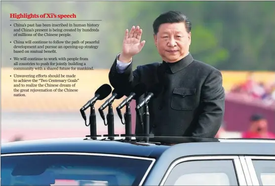  ?? YAN YAN / XINHUA ?? Xi Jinping, general secretary of the Communist Party of China Central Committee, president, and chairman of the Central Military Commission, reviews the armed forces in Beijing on Oct 1 on the 70th anniversar­y of the founding of the People’s Republic of China.