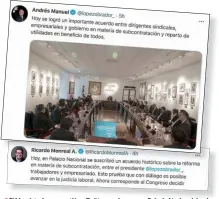  ??  ?? El Mandatario compartió en Twitter una imagen en Palacio Nacional donde se observan a la secretaria del Trabajo, Luisa María Alcalde; al presidente del Consejo Coordinado­r Empresaria­l, Carlos Salazar; al senador de Morena y presidente de la Jucopo, Ricardo Monreal; y al senador del mismo partido y líder sindical Napoleón Gómez Urrutia, entre otros.