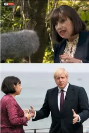  ??  ?? Beth putting the difficult questions to Dominic Cummings; quizzing Boris Johnson at last year’s G7 summit