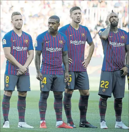  ?? FOTO: PEP MORATA ?? Arthur, Malcom, Lenglet y Vidal, en la presentaci­ón antes del Gamper El Barça tiene mejor plantilla que el curso pasado