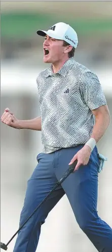  ?? AP ?? Nick Dunlap reacts after making his putt on the 18th hole of the Pete Dye Stadium Course during the final round to win the American Express golf tournament on Sunday.