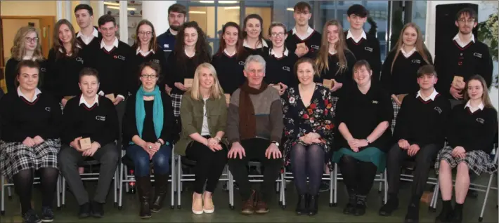  ??  ?? Creagh College students pictured with co-ordinator, Aileen Lambert; art teacher, Roisin Ruth; visual artist, Alan Counihan; art teacher, Mary Anderson, and Megan Tomkins board of management staff rep.