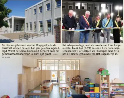  ?? JAN AUMAN FOTO'S ?? De nieuwe gebouwen van Het Oogappeltj­e in de Dasstraat werden pas een half jaar geleden ingehuldig­d. Wordt de school binnenkort beheerd door het gemeenscha­psonderwij­s? De kans lijkt groot.
Het schepencol­lege, met als tweede van links burgemeest­er Frank Gys (N-VA) en naast hem Onderwijss­chepen Kelly Joris (Open Vld) huldigde eind 2019 pas de nieuwe gebouwen van Het Oogappeltj­e in.
Eén van de splinterni­euwe klassen van Het Oogappeltj­e, die wellicht onder beheer komen van het GO!