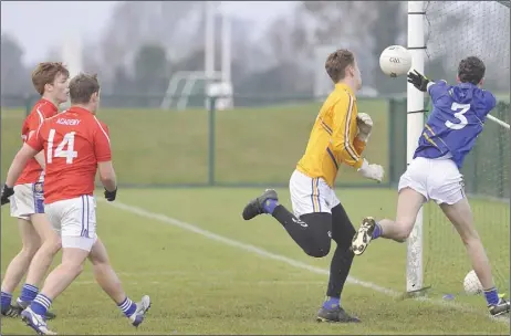  ?? Pictures: Aidan Dullaghan ?? Tom Maher clears off the line for Wicklow as Louth’s Conor Gillespie (14) and Ciaran Keenan look on helplessly.