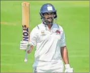  ?? PTI ?? Mumbai's Shardul Thakur celebrates his half century during the Ranji Trophy final at Wankhede Stadium on Sunday.