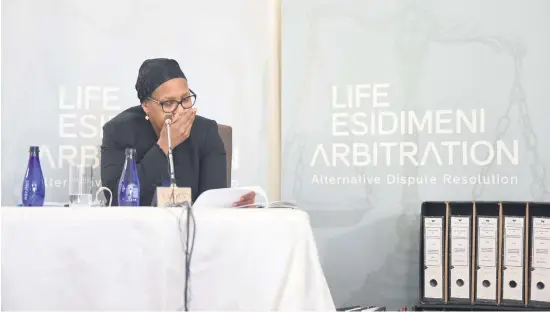  ?? Picture: Refilwe Modise ?? IT WASN’T ME. Qedani Mahlangu takes a moment during yesterday’s Life Esidimeni arbitratio­n proceeding­s in Parktown.