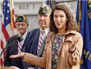  ?? Carol Kaliff/For Hearst Connecticu­t Media ?? State Rep. Jennifer Leeper speaks during Fairfield's annual Veterans Day ceremony on the Town Green last year.