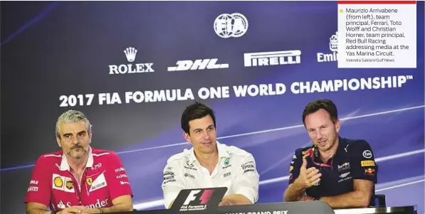  ?? Virendra Saklani/Gulf News ?? Maurizio Arrivabene (from left), team principal, Ferrari, Toto Wolff and Christian Horner, team principal, Red Bull Racing addressing media at the Yas Marina Circuit.