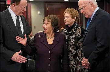  ?? ERIN SCHAFF — THE NEW YORK TIMES ?? From left, Sen. Richard Shelby, Rep. Nita Lowey, Rep. Kay Granger and Sen. Patrick Leahy confer last month. Lowey and Granger might be legislator­s’ best bet to come up with a bipartisan solution in the border crisis talks.