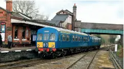  ?? Paul Biggs ?? The Great Central Railway-based Renaissanc­e Railcars BR blue Class 101 DMU, consisting of driving motor composite lavatory E50266 and driving motor brake standard M50203, arrives at Quorn and Woodhouse station on March 2, working the 12.50 Loughborou­gh Central to Leicester North service.