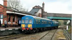  ?? Paul Biggs ?? The Great Central Railway-based Renaissanc­e Railcars BR blue Class 101 DMU, consisting of driving motor composite lavatory E50266 and driving motor brake standard M50203, arrives at Quorn and Woodhouse station on March 2, working the 12.50 Loughborou­gh Central to Leicester North service.