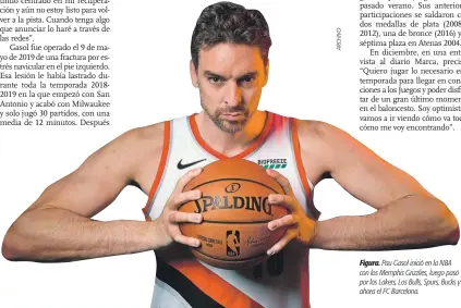  ??  ?? Figura. Pau Gasol inició en la NBA con los Memphis Grizzlies, luego pasó por los Lakers, Los Bulls, Spurs, Bucks y ahora el FC Barcelona.