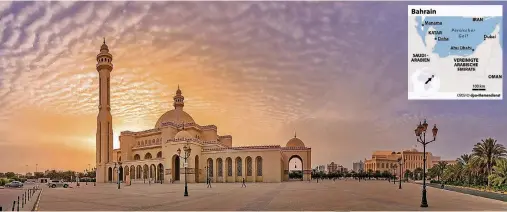  ?? FOTO: BAHRAIN TOURISM & EXHIBITION AUTHORITY (BTEA) ?? Bahrain zeigt Kulissen schicker arabischer Moderne – wie die prächtige Al-Fatih-Moschee im Abendlicht.