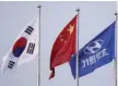  ?? — Reuters ?? The South Korean and Chinese national flags fly alongside the company flag of Hyundai Motor Co at its plant in Beijing.