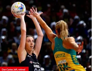  ??  ?? Dan Carter, left, retired on a high after the All Blacks’ 2015 World Cup triumph; Kiwi netballer Bailey Mes, above, in action against Australia in the 2015 World Cup decider; Black Cap Grant Elliott, right, hits a six for victory in the 2015 World Cup semi-final against South Africa.