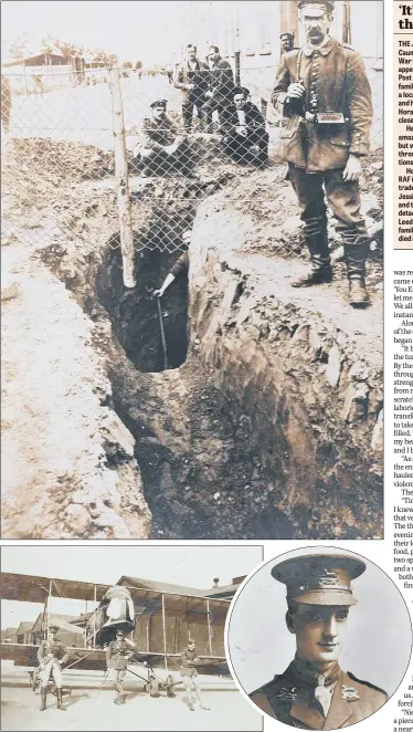  ??  ?? Lt Horace Caunt, in the centre of the picture above left, and above right in earlier Army uniform, wrote of a daring escape from the German prisoner of war camp at Holzminden, through a tunnel which his captors later excavated, top.