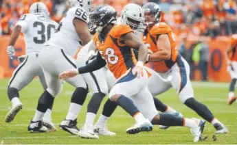  ?? Steve Nehf, The Denver Post ?? The Broncos are nearly two-touchdown favorites at home Sunday night against the 0-5 Giants, but linebacker Von Miller (58) says New York still has “the opportunit­y to win.”