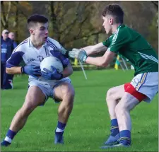  ??  ?? Jack Dunne of St Pat’s under pressure in Laragh. Thursday, November 7
At Bray - Under-20 Football Championsh­ip Group 4: Saturday, November 9 Sunday, November 10 At Greystones - Under-20 Football Championsh­ip Group 2: