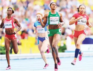  ??  ?? Blessing Okagbare crosses the finish line ahead of Allyson Felix and others during the 14t IAAF World Athletics Championsh­ips in Moscow