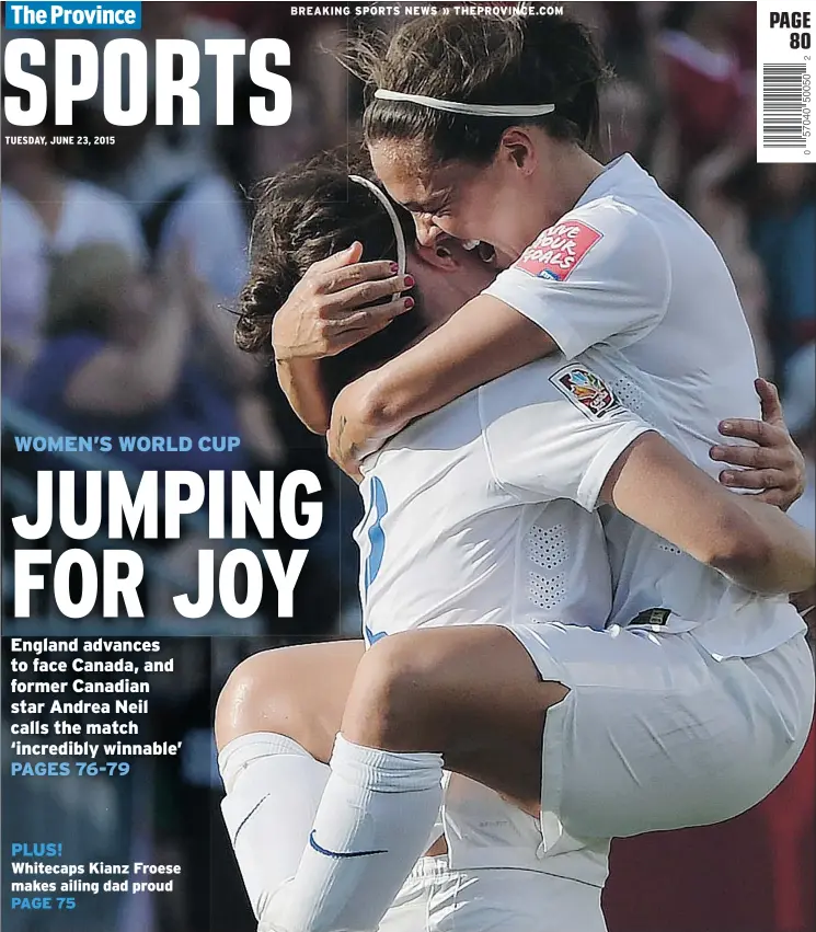  ?? — THE CANADIAN PRESS ?? England’s Lucy Bronze, left, and Fara Williams celebrate Bronze’s goal against Norway in Ottawa. England won 2-1 and will play Canada on Saturday in Vancouver.