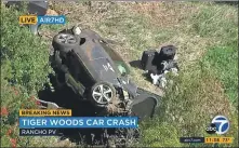  ?? AP ?? An aerial image shows the Tiger Woods crash scene. Woods had to be cut from the vehicle with ‘Jaws of Life’ rescue tools.